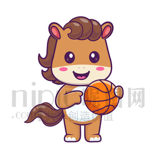 可爱卡通抱着篮球的马