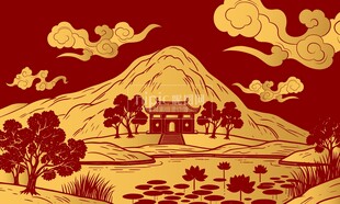 古风建筑金色池塘祥云背景