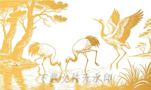 古风金色仙鹤线描剪影