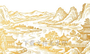 古建筑山水画线描剪影背景