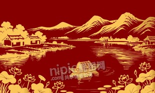 中式山水山脉湖泊背景