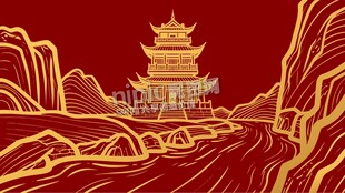 金色山水中式楼阁背景