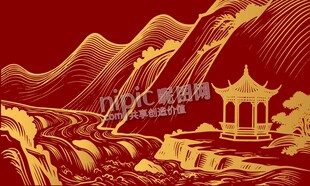 山川河流亭子山水画背景