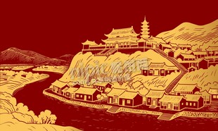 线描中国风建筑河流背景