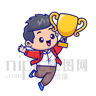 男孩欢呼捧奖杯