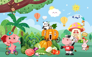 欢乐动物水果聚会背景墙