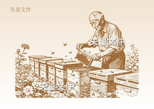 手绘蜜蜂素描 养蜂人插画
