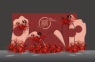 红色新中式订婚宴中国风婚礼背景