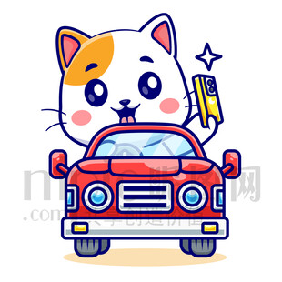 卡通猫咪驾驶红色汽车