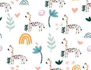 可爱动物植物多彩图案背景