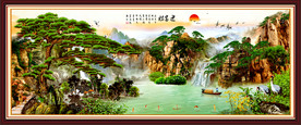 原创风景画迎客松瀑布背景墙壁画