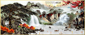 原创水墨山水迎客松装饰画背景墙