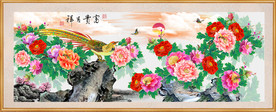 原创高清手绘牡丹金鸡鸟装饰画