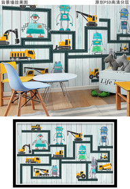 卡通机器人复古木墙儿童房背景墙