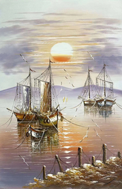 日出帆船一帆风顺海景油画