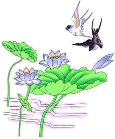 精美荷叶花鸟矢量图