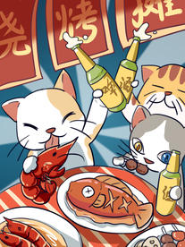 夏日小猫烧烤美食插画