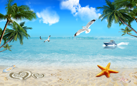 蓝天白云海滩海景3D电视背景墙