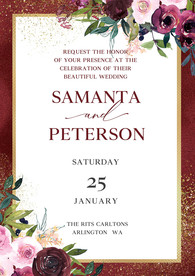 酒红色手绘花卉婚礼迎宾海报