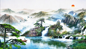 中式山水迎客松国画