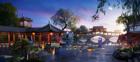 中式古建园林滨水景观效果图
