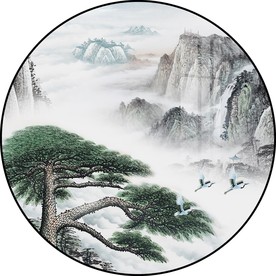 新中式水墨山水迎客松装饰画图片