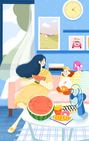 清新夏季假期宅家插画手绘图片