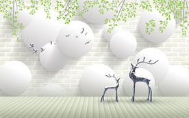 麋鹿白色墙砖背景装饰画