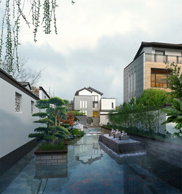 新中式住宅区 叠水池景观效果图