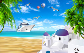 卡通海滩儿童房背景墙