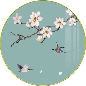 新中式手绘玉兰花鸟圆形装饰画图