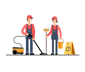 扁平风格清洁保洁员工矢量插图