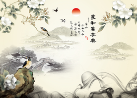 水墨山水工笔花鸟背景装饰画