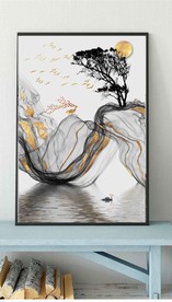 新中式抽象麋鹿山水玄关装饰画