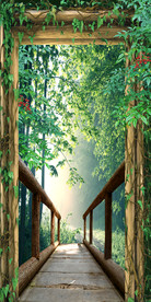 清新鲜花木板路竹林过道3D玄关