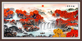 旭日东升国画流水生财风景画