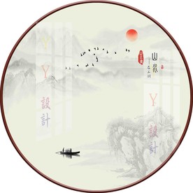 新中式意境山水圆形装饰画图片