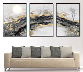 新中式烁金抽象麋鹿山水装饰画