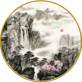 新中式意境山水圆形装饰画图片