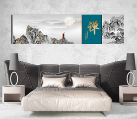新中式金色水墨山水风景床头画