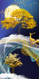 新中式线条发财树麋鹿玄关晶瓷画