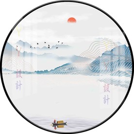 新中式意境水墨山水圆形装饰画图