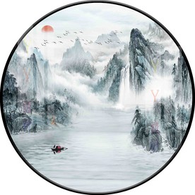 新中式水墨意境山水圆形装饰画图