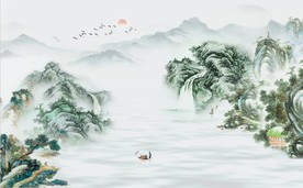 新中式古代水墨山水国画壁画