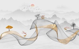 新中式抽象金色水墨山水背景墙