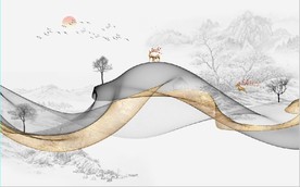 新中式抽象金色水墨山水背景墙