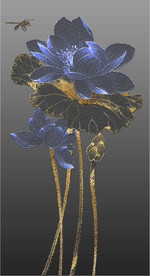 北欧风金色浮雕蓝莲花玄关装饰画