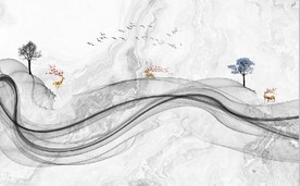 新中式抽象水墨麋鹿山水背景墙