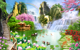 流水生财风景背景墙装饰画