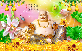 和气生财荷花弥勒佛背景墙装饰画